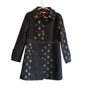 Joe Browns Black Brocade Coat with Gold Owls Floral Mismatch Buttons Sz M/L